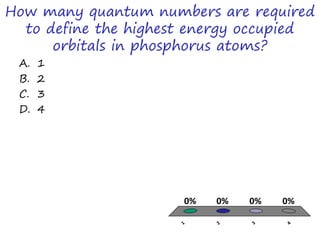 How many quantum numbers are required
to define the highest energy occupied
orbitals in phosphorus atoms?
A. 1
B. 2
C. 3
D. 4
1
2
3
4
0% 0%0%0%
 