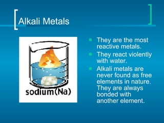 Alkali Metals They are the most reactive metals. They react violently with water. Alkali metals are never found as free elements in nature. They are always bonded with another element. 