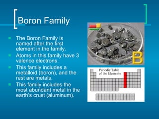 Boron Family The Boron Family is named after the first element in the family. Atoms in this family have 3 valence electrons. This family includes a metalloid (boron), and the rest are metals. This family includes the most abundant metal in the earth’s crust (aluminum). 