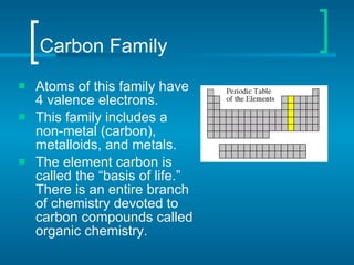 Carbon Family Atoms of this family have 4 valence electrons. This family includes a non-metal (carbon), metalloids, and metals. The element carbon is called the “basis of life.” There is an entire branch of chemistry devoted to carbon compounds called organic chemistry. 