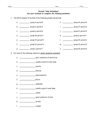 Name ______________________________________________________ Date __________________________ Class ______
Periodic Table Worksheet
Use your textbook to complete the following worksheet
1.

Tell which element is located in the following groups and periods.
a.

__________ group 4, period 5

h. __________ group 16, period 6

b. __________ group 2, period 2

i.

__________ group 17, period 3

c.

__________ group 6, period 6

j.

__________ group 11, period 5

d. __________ group 18, period 1

k.

__________ group 5, period 4

e.

__________ group 14, period 5

l.

__________ group 10, period 6

f.

__________ group 12, period 4

m. __________ group 13, period 3

g.

__________ group 1, period 7

n.

2. For each of the following, label as a metal, nonmetal, metalloid.
a.

________________ poor conductor of electricity

b. ________________ usually a solid at room temp
c.

________________ ductile

d. ________________chlorine
e.

________________ semiconductor

f.

________________silicon

g.

________________ malleable

h. ________________ usually a gas at room temp
i.

________________ cobalt

j.

________________ good conductor of heat

k.

________________ brittle

l.

________________ oxygen

__________ group 15, period 6

 