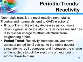 Periodic Trends:
Reactivity
Nonmetals (recall: the most reactive nonmetal is
Fluorine and nonmetals tend to GAIN electrons)
• Group Trend: Reactivity decreases as you move
down a group since the atomic radii increases and has
less nuclear charge to attract electrons from
neighboring atoms.
• Period Trend: Reactivity increases as you move
across a period (until you get to the noble gases)
since atomic radii decreases and increases the charge
of the nucleus to pull the electrons of neighboring
atoms closer to them. 16
 