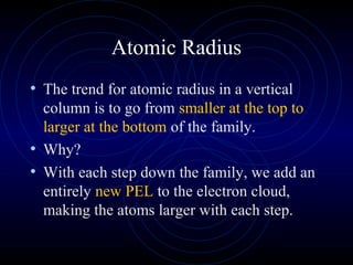 Atomic Radius
• The trend for atomic radius in a vertical
column is to go from smaller at the top to
larger at the bottom of the family.
• Why?
• With each step down the family, we add an
entirely new PEL to the electron cloud,
making the atoms larger with each step.
 