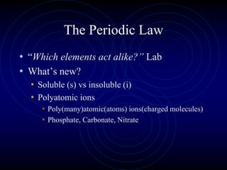 The Periodic Law
• “Which elements act alike?” Lab
• What’s new?
• Soluble (s) vs insoluble (i)
• Polyatomic ions
• Poly(many)atomic(atoms) ions(charged molecules)
• Phosphate, Carbonate, Nitrate
 