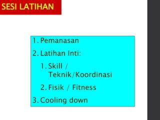 SESI LATIHAN
1. Pemanasan
2. Latihan Inti:
1. Skill /
Teknik/Koordinasi
2. Fisik / Fitness
3. Cooling down
 