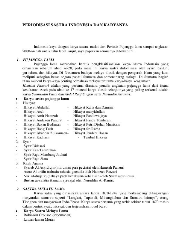 Periodisasi Sastra Indonesia Dan Karyanya By Rizal N Putra