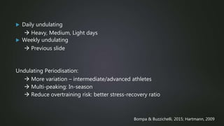 Daily undulating
 Heavy, Medium, Light days
 Weekly undulating
 Previous slide
Undulating Periodisation:
 More variation – intermediate/advanced athletes
 Multi-peaking: In-season
 Reduce overtraining risk: better stress-recovery ratio
Bompa & Buzzichelli, 2015; Hartmann, 2009
 