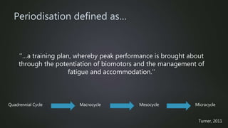 Periodisation defined as…
Turner, 2011
‘’…a training plan, whereby peak performance is brought about
through the potentiation of biomotors and the management of
fatigue and accommodation.’’
MicrocycleMesocycleMacrocycleQuadrennial Cycle
 