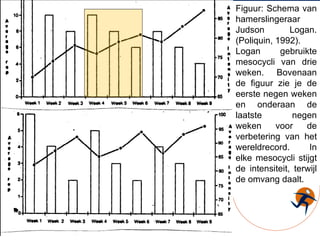 Types periodisering 1. Omvang en intensiteit i. Lineaire periodisering &  single,  double & triple modellen ii. Reverse lineaire iii. Niet lineaire, undulating en daily undulating modellen a. Undulating of golf b. Accumulation/Intensification model c. Multipele periodisatie d. Daily undulating model (DUP) Figuur: Schema van hamerslingeraar Judson Logan.  (Poliquin, 1992). Logan gebruikte mesocycli van drie weken. Bovenaan de figuur zie je de eerste negen weken en onderaan de laatste negen weken voor de verbetering van het wereldrecord. In elke mesocycli stijgt de intensiteit, terwijl de omvang daalt.  
