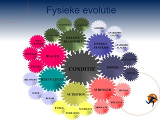 Fysieke evolutie OXYGEN TRANSPORT CONDITIE POWER STRENGTH HEALTH REST / FATIGUE NUTRITION ENERGY SYSTEMS ABSOLUTE RELATIVE SPECIFIC AEROBIC ANAEROBIC LACTIC ANAEROBIC ALACTIC CENTRAL PERIPHERAL PULMONARY SPEED EXPLOSIVE INJURY DISEASE OVER TRAINING RECOVERY SLEEP REPAIR FUELS HYDRATION NUTRIENTS 