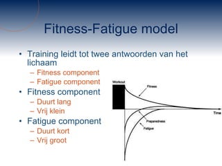 Fitness-Fatigue model Training leidt tot twee antwoorden van het lichaam  Fitness component Fatigue component Fitness component Duurt lang Vrij klein Fatigue component Duurt kort Vrij groot 