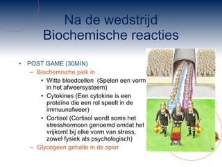 Na de wedstrijd Biochemische reacties POST GAME (30MIN) Biochemische piek in  Witte bloedcellen  (Spelen een vorm in het afweersysteem) Cytokines (Een cytokine is een proteïne die een rol speelt in de immuunafweer) Cortisol (Cortisol wordt soms het stresshormoon genoemd omdat het vrijkomt bij elke vorm van stress, zowel fysiek als psychologisch) Glycogeen gehalte in de spier 