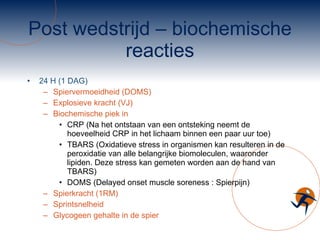 Post wedstrijd – biochemische reacties 24 H (1 DAG) Spiervermoeidheid (DOMS) Explosieve kracht (VJ) Biochemische piek in  CRP (Na het ontstaan van een ontsteking neemt de hoeveelheid CRP in het lichaam binnen een paar uur toe) TBARS (Oxidatieve stress in organismen kan resulteren in de peroxidatie van alle belangrijke biomoleculen, waaronder lipiden. Deze stress kan gemeten worden aan de hand van TBARS) DOMS (Delayed onset muscle soreness : Spierpijn) Spierkracht (1RM) Sprintsnelheid Glycogeen gehalte in de spier 