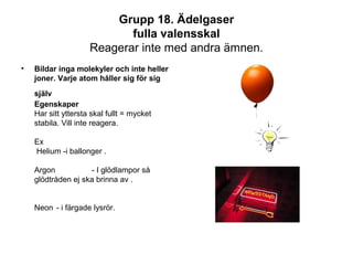Grupp 18. Ädelgaser 
fulla valensskal 
Reagerar inte med andra ämnen. 
• Bildar inga molekyler och inte heller 
joner. Varje atom håller sig för sig 
själv 
Egenskaper 
Har sitt yttersta skal fullt = mycket 
stabila. Vill inte reagera. 
Ex 
Helium -i ballonger . 
Argon - I glödlampor så 
glödtråden ej ska brinna av . 
Neon - i färgade lysrör. 
 