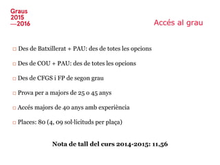Accés al grau
□ Des de Batxillerat + PAU: des de totes les opcions
□ Des de COU + PAU: des de totes les opcions
□ Des de CFGS i FP de segon grau
□ Prova per a majors de 25 o 45 anys
□ Accés majors de 40 anys amb experiència
□ Places: 80 (4, 09 sol·licituds per plaça)
Nota de tall del curs 2014-2015: 11,56
 