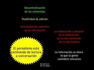 Descentralización de los contenidos Posibilidad de edición Jerarquización colectiva  de la información El periodismo está cambiando de lectura a conversación Dan Gillmore We The Media La elaboración y difusión  de la información  ya no son exclusivas  de los periodistas La información es ahora  lo que la gente considere relevante 