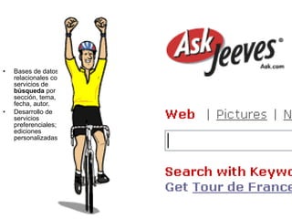 Bases de datos relacionales con servicios de  búsqueda  por sección, tema, fecha, autor. Desarrollo de servicios preferenciales; ediciones personalizadas. 