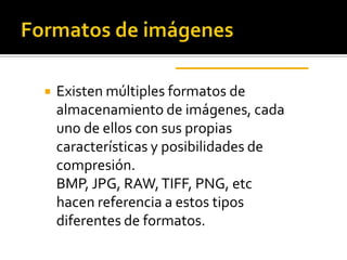 

Existen múltiples formatos de
almacenamiento de imágenes, cada
uno de ellos con sus propias
características y posibilidades de
compresión.
BMP, JPG, RAW, TIFF, PNG, etc
hacen referencia a estos tipos
diferentes de formatos.

 
