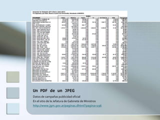 Un PDF de un JPEG
Datos de campañas publicidad oficial
En el sitio de la Jefatura de Gabinete de Ministros
http://www.jgm.gov.ar/paginas.dhtml?pagina=196
 