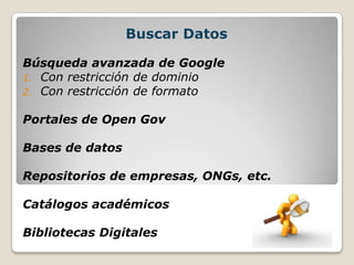 Buscar Datos

Búsqueda avanzada de Google
1. Con restricción de dominio
2. Con restricción de formato


Portales de Open Gov

Bases de datos

Repositorios de empresas, ONGs, etc.

Catálogos académicos

Bibliotecas Digitales
 