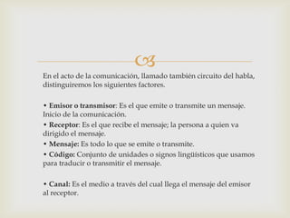
En el acto de la comunicación, llamado también circuito del habla,
distinguiremos los siguientes factores.
• Emisor o transmisor: Es el que emite o transmite un mensaje.
Inicio de la comunicación.
• Receptor: Es el que recibe el mensaje; la persona a quien va
dirigido el mensaje.
• Mensaje: Es todo lo que se emite o transmite.
• Código: Conjunto de unidades o signos lingüísticos que usamos
para traducir o transmitir el mensaje.
• Canal: Es el medio a través del cual llega el mensaje del emisor
al receptor.
 
