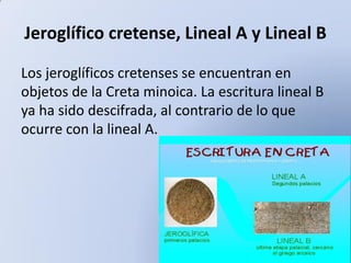 Jeroglífico cretense, Lineal A y Lineal B
Los jeroglíficos cretenses se encuentran en
objetos de la Creta minoica. La escritura lineal B
ya ha sido descifrada, al contrario de lo que
ocurre con la lineal A.

 