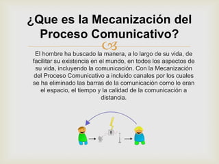 ¿Que es la Mecanización del
  Proceso Comunicativo?
                         
 El hombre ha buscado la manera, a lo largo de su vida, de
facilitar su existencia en el mundo, en todos los aspectos de
 su vida, incluyendo la comunicación. Con la Mecanización
 del Proceso Comunicativo a incluido canales por los cuales
se ha eliminado las barras de la comunicación como lo eran
   el espacio, el tiempo y la calidad de la comunicación a
                            distancia.
 