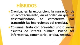 HÍBRIDOS
Crónica: es la exposición, la narración de
un acontecimiento, en el orden en que fue
desarrollándose. Se caracteriza por
transmitir las impresiones del cronista.
Columna: trata con brevedad uno o varios
asuntos de interés público. Puede ser
informativa, comentario, crítica, reseña.
 