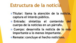 Estructura de la noticia
Titular: llama la atención de la noticia,
captura el interés público.
Entrada: sintetiza el contenido del
cuerpo de la noticias en un párrafo.
Cuerpo: desarrolla la noticia de lo más
importante a lo menos importante.
Remate: concluye el hecho noticioso.
 