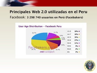 Principales Web 2.0 utilizadas en el Peru
Facebook: 3 298 740 usuarios en Perú (Facebakers)
 