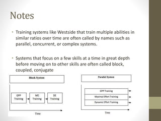 Notes 
• Training systems like Westside that train multiple abilities in 
similar ratios over time are often called by names such as 
parallel, concurrent, or complex systems. 
• Systems that focus on a few skills at a time in great depth 
before moving on to other skills are often called block, 
coupled, conjugate 
 