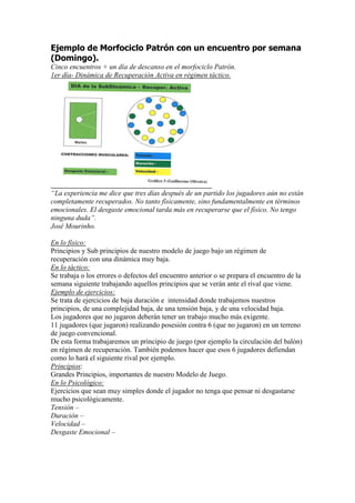 Ejemplo de Morfociclo Patrón con un encuentro por semana
(Domingo).
Cinco encuentros + un día de descanso en el morfociclo Patrón.
1er día- Dinámica de Recuperación Activa en régimen táctico.

“La experiencia me dice que tres días después de un partido los jugadores aún no están
completamente recuperados. No tanto físicamente, sino fundamentalmente en términos
emocionales. El desgaste emocional tarda más en recuperarse que el físico. No tengo
ninguna duda”.
José Mourinho.
En lo físico:
Principios y Sub principios de nuestro modelo de juego bajo un régimen de
recuperación con una dinámica muy baja.
En lo táctico:
Se trabaja o los errores o defectos del encuentro anterior o se prepara el encuentro de la
semana siguiente trabajando aquellos principios que se verán ante el rival que viene.
Ejemplo de ejercicios:
Se trata de ejercicios de baja duración e intensidad donde trabajemos nuestros
principios, de una complejidad baja, de una tensión baja, y de una velocidad baja.
Los jugadores que no jugaron deberán tener un trabajo mucho más exigente.
11 jugadores (que jugaron) realizando posesión contra 6 (que no jugaron) en un terreno
de juego convencional.
De esta forma trabajaremos un principio de juego (por ejemplo la circulación del balón)
en régimen de recuperación. También podemos hacer que esos 6 jugadores defiendan
como lo hará el siguiente rival por ejemplo.
Principios:
Grandes Principios, importantes de nuestro Modelo de Juego.
En lo Psicológico:
Ejercicios que sean muy simples donde el jugador no tenga que pensar ni desgastarse
mucho psicológicamente.
Tensión –
Duración –
Velocidad –
Desgaste Emocional –

 