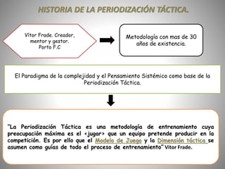 HISTORIA DE LA PERIODIZACIÓN TÁCTICA.
Vítor Frade. Creador,
mentor y gestor.
Porto F.C
Metodología con mas de 30
años de existencia.
El Paradigma de la complejidad y el Pensamiento Sistémico como base de la
Periodización Táctica.
“La Periodización Táctica es una metodología de entrenamiento cuya
preocupación máxima es el <jugar> que un equipo pretende producir en la
competición. Es por ello que el Modelo de Juego y la Dimensión táctica se
asumen como guías de todo el proceso de entrenamiento” Vitor Frade.
 