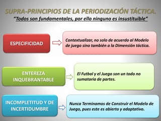 SUPRA-PRINCIPIOS DE LA PERIODIZACIÓN TÁCTICA.
“Todos son fundamentales, por ello ninguno es insustituible”
ESPECIFICIDAD
ENTEREZA
INQUEBRANTABLE
INCOMPLETITUD Y DE
INCERTIDUMBRE
Contextualizar, no solo de acuerdo al Modelo
de juego sino también a la Dimensión táctica.
El Futbol y el Juego son un todo no
sumatoria de partes.
Nunca Terminamos de Construir el Modelo de
Juego, pues este es abierto y adaptativo.
 