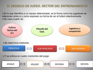 EL MODELO DE JUEGO. RECTOR DEL ENTRENAMIENTO
Es lo que identifica a un equipo determinado, es la forma como los jugadores se
relacionan entre si y como expresan su forma de ver el futbol colectivamente.
Se crea a partir de:
Filosofía del
Club.
Cultura
Táctica del
D.T
Jugadores y
competición
Se determina mediante:
PRINCIPIOS SUB-PRINCIPIOS MECANISMOS
Y se enfoca en cuatro momentos del juego:
ATAQUE ATA/DEF DEFENSA DEF/ATA
 