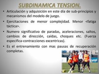 SUBDINAMICA TENSION.
• Articulación y adquisición en este día de sub-principios y
mecanismos del modelo de juego.
• Ejercitaciones de menor complejidad. Menor <fatiga
táctica>.
• Numero significativo de paradas, aceleraciones, saltos,
cambios de dirección, caídas, choques etc. (Fuerza
especifica-contracciones excentricas).
• Es el entrenamiento con mas pausas de recuperación
completas.
 