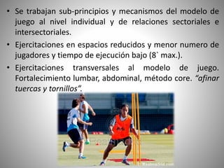 • Se trabajan sub-principios y mecanismos del modelo de
juego al nivel individual y de relaciones sectoriales e
intersectoriales.
• Ejercitaciones en espacios reducidos y menor numero de
jugadores y tiempo de ejecución bajo (8` max.).
• Ejercitaciones transversales al modelo de juego.
Fortalecimiento lumbar, abdominal, método core. “afinar
tuercas y tornillos”.
 