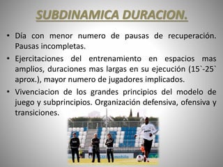 SUBDINAMICA DURACION.
• Día con menor numero de pausas de recuperación.
Pausas incompletas.
• Ejercitaciones del entrenamiento en espacios mas
amplios, duraciones mas largas en su ejecución (15`-25`
aprox.), mayor numero de jugadores implicados.
• Vivenciacion de los grandes principios del modelo de
juego y subprincipios. Organización defensiva, ofensiva y
transiciones.
 