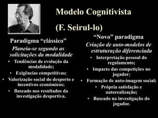 Modelo Cognitivista 
(F. Seirul-lo) 
Paradigma “clássico” Planeia-se segundo as solicitações da modalidade 
•Tendências de evolução da modalidade; 
•Exigências competitivas; 
•Valorização social do desporto e incentivos económicos; 
•Baseado nos resultados da investigação desportiva. 
“Novo” paradigma Criação de auto-modelos de estruturação diferenciada 
•Interpretação pessoal do regulamento; 
•Impacto das competições no jogador; 
•Formação de auto-imagem social; 
•Própria satisfação e autorealização; 
•Baseado na investigação do jogador.  