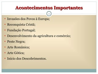 Acontecimentos Importantes Invasões dos Povos à Europa; Reconquista Cristã; Fundação Portugal; Desenvolvimento da agricultura e comércio; Peste Negra; Arte Românica;  Arte Gótica; Início dos Descobrimentos. 