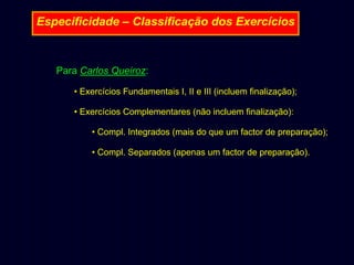 Especificidade – Classificação dos Exercícios

Para Carlos Queiroz:
• Exercícios Fundamentais I, II e III (incluem finalização);
• Exercícios Complementares (não incluem finalização):
• Compl. Integrados (mais do que um factor de preparação);
• Compl. Separados (apenas um factor de preparação).

 