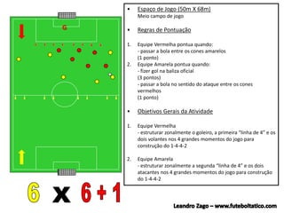 G
• Espaço de Jogo (50m X 68m)
Meio campo de jogo
• Regras de Pontuação
1. Equipe Vermelha pontua quando:
- passar a bola entre os cones amarelos
(1 ponto)
2. Equipe Amarela pontua quando:
- fizer gol na baliza oficial
(3 pontos)
- passar a bola no sentido do ataque entre os cones
vermelhos
(1 ponto)
• Objetivos Gerais da Atividade
1. Equipe Vermelha
- estruturar zonalmente o goleiro, a primeira “linha de 4” e os
dois volantes nos 4 grandes momentos do jogo para
construção do 1-4-4-2
2. Equipe Amarela
- estruturar zonalmente a segunda “linha de 4” e os dois
atacantes nos 4 grandes momentos do jogo para construção
do 1-4-4-2
 
