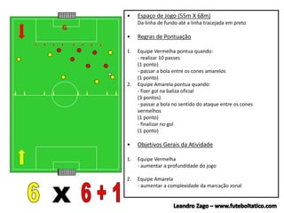 G
• Espaço de Jogo (55m X 68m)
Da linha de fundo até a linha tracejada em preto
• Regras de Pontuação
1. Equipe Vermelha pontua quando:
- realizar 10 passes
(1 ponto)
- passar a bola entre os cones amarelos
(1 ponto)
2. Equipe Amarela pontua quando:
- fizer gol na baliza oficial
(3 pontos)
- passar a bola no sentido do ataque entre os cones
vermelhos
(1 ponto)
- finalizar no gol
(1 ponto)
• Objetivos Gerais da Atividade
1. Equipe Vermelha
- aumentar a profundidade do jogo
2. Equipe Amarela
- aumentar a complexidade da marcação zonal
 