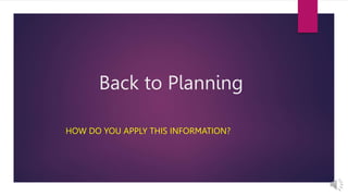 Back to Planning
HOW DO YOU APPLY THIS INFORMATION?
 