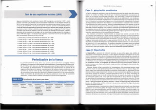 La hipertrofia,o aumento del volumen muscular, es uno de los signos mas visibles de
adaptacion al entrenamiento de fuerza. Losdos objetivos fisiologicos principales de esta fase
son: ( 1) incrementar el area de secdon transversal del rmisculo aumentando su contenido de
proteina muscular y (2) elevar la capacidad de los depositos musculares de sustratos de alta
energfay enzimas. Muchos de los principios utilizados en el entrenamiento para la hipertrofia
son similares a los que utilizan los culturistas, pero hay algunas diferencias. Comparados con
los programas de estos, los programas de hipertrofia funcional utilizan menor mimero de
repeticiones por serie, mayor porcentaje de cargay perfodos mas largos de intervalos de des-
canso entre series.
Ademas, durante la fase concentrica del levantamiento, los deportistas siempre tratan
de mover el peso lo mas rapidamente posible. Los culturistas entrenan hasta la fatiga utili-
zando cargasentre relativamente ligeras a moderadas, mientras que los deportistas de otros
deportes utilizan cargas mayores y se centran en hacer movimientos rapidos con descanso
entre series. Aunque se producen cambios hipertroficos tanto en las fibras musculares de
contraccion rapida como en las de contraccion lenta, la mayorfa se produce en las fibras
de contraccion rapida (186, 187). Este tipo de hipertrofia es el que desean los deportis-
tas que utilizan el entrenamiento de fuerza para mejorar su rendimiento deportivo. De esta
forma, las adaptaciones musculares provocan un motor muscular mas fuerte, preparado para
recibir y aplicar las sefiales del sistema nervioso. Cuando la hipertrofia por entrenamiento
produce en el deportista cambios cronicos, le proporciona una base fisiologica fuerte para
entrenar el sistema nervioso.
Fundamentalmente, el entrenamiento para la hipertrofia esta indicado para deportistas
que desean un incremento global de su peso corporal (por ejemplo, los lanzadores en atle-
tismo ), o para deportistas grandes, especfficamente los que juegan en meles en rugby y en
fiitbol americano, y los pertenecientes a las categorfas de pesos pesados en los deportes de
combate o en las artes marciales. Para la mayorfa de los dernas deportistas, esta fase del entre-
namiento de fuerza no es necesaria, salvo que el entrenador este entrenando a principiantes.
Fase 2: Hipertrofia
La fase de adaptacion anatornica pone los fundamentos para las dernas fases del entrena-
miento. Su nombre ya refleja el hecho de que el objetivo principal del entrenamiento de
fuerza no es alcanzar una sobrecarga inmediata, sino desarrollar la adaptacion progresiva
de la anatomia del deportista. Esta fase enfatiza sobre la pre-habilitacion, con la esperan-
za de prevenir la necesidad de rehabilitacion. Losobjetivos fisiologicosprincipales de estafase
son: (1) fortalecer los tendones, los ligamentos y las articulaciones aumentando el volumen
de entrenamiento utilizado el afio anterior y (2) incrementar el contenido oseo mineral y
la proliferacion del tejido conectivo. Ademas, independientemente del deporte de que se
trate, esta fase mejora la puesta en forma cardiovascular, estimula adecuadamente la fuerza
muscular y ayuda al deportista, con la practica, a mejorar la coordinacion neuromuscular de
los esquemas motores de la fuerza. Aunque el proposito de esta fase no es el incremento del
area de seccion transversal del rmisculo, pueden apreciarse algunas ganancias en hipertrofia
muscular, especialmente en los deportistas principiantes.
Los tendones se fortalecen implementando un tiempo bajo tension por serie de 30 a
70 s (tiempo bajo tension en el que el sistema anaerobico alactico es el sistema energetico
principal). Se ha comprobado que los iones de hidrogeno, liberados del acido lactico, esti-
mulan la produccion de la hormona del crecimiento y, por tanto, se produce una slntesis de
colageno, estimulada tambien por la carga excentrica (10, 35, 40, 112, 113, 120, 131). Por
esta razon, la mayorfa del tiempo que se consume bajo tension pertenece a la fase excentrica
del ejercicio (3 a 5 s por repeticion). El equilibria muscular se consigue tanto por utilizar
el mismo volumen de entrenamiento entre los rmisculos agonistas y antagonistas de una
articulacion, como por emplear mas los ejercicios unilaterales que los bilaterales.
Fase 1: Adaptacion anatomlca
281
Desarrollode la fuerzay la potencia
11,
'I
Mantenimiento
de la fuerza
rnaxima y
la fuerza
especrfica
Entrenamientode
compensaci6n
Suspensiondel
entrenamiento
defuerza
Fuerza Conversion a
maxima fuerzaespecffica
(potencia;
resistencia
a la potencia;
o resistencia
muscularcorta,
media, o larga)
Hipertrofia
(si es
necesario)
Adaptaclon
anatomica
Periodizaci6n de la fuerza y sus fases
TABLA 10.17
La periodizacion de la fuerza ofrece una aproximacion de siete fases que siguen el ritmo
fisiologico de respuesta de los sistemas neuromusculares al entrenamiento de fuerza (ta-
bla 10.17). Las siete fases son: de adaptacion anatomica, de hipertrofia, de fuerza maxima,
de conversion, de mantenimiento, de suspension y de compensacion. En funcion de las
exigencias fisiologicas del deporte, la periodizacion de la fuerza implica combinar en una
secuencia, al menos, cuatro de ellas: la de adaptacion anatomica, la de fuerza maxima, la
de conversion a fuerza especffica (potencia y resistencia muscular) y la de mantenimiento.
Todos los modelos de periodizacion de la fuerza comienzan con la fase de adaptacion
anatornica. Las siete fases se trataran brevemente en las secciones siguientes.
II
Periodizacion de la fuerza
I,.,:
Algunos entrenadores creen que hacer el test de 1RM es peligroso y que levantar el 100 % puede
provocar una lesion. Sin embargo, para los deportistas entrenados, no es peligroso levantar un
100 % una vez cada 3 o 4 semanas. La mayor parte de las lesiones se producen durante el entre-
namiento y la competici6n y no durante los test. En ocasiones, durante la actividad deportiva, el
cuerpo del deportista esta sujeto a fuerzas que superan cinco veces su peso corporal, de tal forma
que testar su fuerza maxima no deberfa constituir un problema para su seguridad. Tarnbien hay que
considerar que los test se realizan al final del microciclo de descarga del macrociclo, cuando el
deportista se ha recuperado de la tatiga y de los microciclos de carga previos. Sin embargo, el
test de 1RM debe segulr a un calentamiento progresivo, y hacerlo tal como el que se sugiere aquf
para una sentadilla (proyecto de 1RM a 150 kg):
1• serie: 20 kg x 10 reps, 30 s intervalo de descanso, 13 % 1RM
2.• serie: 60 kg x 4 reps, 60 s intervalo de descanso, 40 % 1RM
3.• serie: 80 kg x 2 reps, 90 s intervalo de descanso, 53 % 1 RM
4.• serie: 100 kg x 2 reps, 2 min intervalo de descanso, 67 % 1RM
5.• serie: 120 kg x 1 rep, 2 min intervalo de descanso, 80 % 1RM
6.• serie: 130 kg x 1 rep, 3 min intervalo de descanso, 87 % 1RM
7.• serie: 140 kg x 1 rep, 4 min intervalo de descanso, 93 % 1RM
8.• serie: 145 kg x 1 rep, 5 min intervalo de descanso, 97 % 1RM
9.• serie: 150 kg X 1 rep, 6 min intervalo de descanso, 100 % 1RM
Test de una repetlclon maxi a (1RM)
Periodizaci6n
280
 