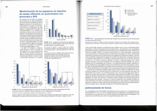 Los investigadores han demostrado repetidamente que la mejora en el entrenamiento de
fuerza ERAI (66, 67, 99, 125, 147), y sus ganancias en el rendimiento, es probable que esten
relacionadas con el incremento de la fuerza muscular, las adaptaciones morfol6gicas o las
adaptaciones metab6licas que elevan la capacidad tampon (102, 125).
Entrenamiento de fuerza
I
;:J
.1
correr cuesta abajo impone la aceleraci6n hacia delante, par lo que es biomecanicamete
equivalente a la fase de desaceleraci6n del esprint (40c)». Esto permitio crear un algoritmo
para medir la potencia metab6lica de cada acci6n de una actividad intermitente, tfpica de los
deportes de equipo (109b ). Los aparatos acelerometros con GPS y giroscopio comenzaron
a ser mas practices y mas baratos que las herramientas de analisis con video, perrnitiendo
representar la evaluaci6n del rendimiento de los jugadores de deportes de equipo. Con ello,
se ha conseguido categorizarlos en grupos de rendimiento de potencia: potencia minima (0
a 10 WKg1), potencia baja (10 a 20 W·Kg1), potencia intermedia (20 a 35 WKg1), potencia
elevada (35 a 55 WKg1) y potencia maxima (55 W·Kg1 y mayores) (Figura 11.11). Estos
aparatos permiten una mejor descripci6n de las exigencias fisicas del partido (4b, 56b ); y
tambien que los entrenadores de la fuerza y el acondicionamiento puedan cuantificar el
trabajo realizado por cada jugador durante las actividades de entrenamiento basadas en el jue-
go, cada vez mas utilizadas (es decir, partidos en areas reducidas ), como metodo para mejorar
los niveles de destreza y de forma ffsica de los deportistas de deportes de equipo (56b, 56c).
A dia de hoy, la literatura cientffica indica que son muy escasos los estandares de entre-
namiento basados en la monitorizaci6n del rendimiento con estos aparatos; por tanto, los
entrenadores de la fuerza y el acondicionamiento que usan esta tecnologfa estan desarro-
llando sus propias bases de datos, y analizandolos para estimar los perfiles de la carga de
trabajo de ejercicios especfficos y las fluctuaciones individuales de la puesta en forma de los
jugadores. En efecto. este proceso es excelente cuando sustituye los metodos generales de
entrenamiento (por ejemplo, carreras) con ejercicios especfficos (por ejemplo, partidos en
areas reducidas ), en los que se incrementa excesivamente la carga. Ademas, en determinados
ejercicios, se requiere un buen nivel tecnico del equipo para alcanzar la intensidad suficien-
ternente elevada, que es mas diffcil de lograr con los metodos generales.
Reproducido con permiso de C. Osgnach, S. Poser, R. Bernardini, R. Rinaldo y P. E. di Prampero, 2010, «Energy cost and
metabolic power in elite soccer: A new match analysis approach», Medicine & Science in Sports & Exercise 42(1): 170-178.
P media
20 I 35 35 I 55
Categorfas de potencia (W , kg-1)
FIGURA 11.11 Datos significativos de producci6n de potencia por encuentro durante los 56 partidos
de futbol profesional en Italia.
0
10
20
30
40
42,9
50
60
Categorias de potencia
MinP (de O a 1 O W·kg-1)
BajaP (de 10 a 20 W·kg-1)
lntermP (de 20 a 35 W-kg-1)
AltP (de 35 a 55 W·kg-1)
MaxP (>55 W·kg-1)
• % Tiempo total
D % Distancia total
D % Consume enerqetico
estimado total
66,9
70
317
Entrenamientode la resistencia
FIGURA 11.10 (a) La categorizaci6n por producci6n de potencia ofrece una mejor representaci6n del nivel
de esfuerzo durante un partido de ftitbol comparada con (b) la categorizaci6n por velocidad.
LS, MS y HS= carrera a velocidad baja, moderada o alta, respectivamente; P =potencia.
Datos de C. Osgnach, S. Poser, R. Bernardini, R. Rinaldo y P. E. di Prampero, 2010, -Energy cost and metabolic power in elite soccer: A new match
analysis approach-, Medicine & Science in Sports & Exercise 42: 170-178.Utilizado por cortesfa de P.E. di Prampero, C. Osgnach y S. Poser.
143,1%1
19,4 l
15,5
1 i.S
50
60
70
FIGURA 11.9 Categorfas locomotoras de [ugadores
de nivel alto (columnas negras)y nivel medio (columnas
blancas) durante un partido de futbol,
Dp = de pie; C = caminar; T = trotar; LS, MS, y HS = carrera a
velocidad baja, moderada y alta, respectivamente; Sp = esprintar;
CA = correr hacia arras: * = diferencia significativa (P <0.05) entre
grupos.
De M. Mohr, P. Krustrup y J. Bangsbo, 2003, «Match performance
of high-standard soccer players with special reference to
development of fatigue», Journal of Sports Sciences 21(7):
519-528. Reprinted by permission of the publisher (Taylor
& Francis Ltd., www.tandfonline.com).
Tipos de actividad
T LS MS HS Sp CA
Op C
10
5
0
c
I 25
0
c. 20
E
(])
F 15
40
35
30
40
~
30
20
10
0
>22
b
Categorfas por velocidad (Km/h)
a
Al comienzo de los 2000, los analisis
del movimiento con video se utilizaban
para monitorizar el rendimiento de los
jugadores durante el entrenamiento y,
especialmente, durante los partidos.
En esa epoca, el rendimiento de cada
jugador se categorizaba por grupos de
velocidad (figura 11.9). Aunque esto
constituia un avance en las ciencias del
deporte, la categorizaci6n por grupos de
velocidad era insuficiente para analizar
el rendimiento del jugador durante un
partido, ya que los deportes intermiten-
tes se caracterizan por numerosas acele-
raciones y desaceleraciones, las cuales
no necesariamente significan una gran
velocidad, ni se traducen en esfuerzos
de aha intensidad (figura 11.10).
En 2005, Di Prampero y colabora-
dores llevaron a cabo un estudio de
investigaci6n en el que demostraron
que «la fase de aceleraci6n durante un
esprint en terreno piano, es biomecani-
camente equivalente a correr en cuesta
a velocidad constante; a la inversa,
Monitorizacionde los jugadoresde deportes
de equipo utilizandoun aceterometro con
giroscopioy GPS
Periodizaci6n
316
 
