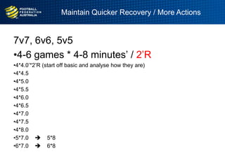 7v7, 6v6, 5v5
•4-6 games * 4-8 minutes‟ / 2‟R
•4*4.0‟*2‟R (start off basic and analyse how they are)
•4*4.5
•4*5.0
•4*5.5
•4*6.0
•4*6.5
•4*7.0
•4*7.5
•4*8.0
•5*7.0  5*8
•6*7.0  6*8
Maintain Quicker Recovery / More Actions
 