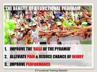 THE BENEFIT OF A FUNCTIONAL PROGRAM 
1. IMPROVE THE ‘BASE OF THE PYRAMID’ 
2. ALLEVIATE PAIN & REDUCE CHANCE OF INJURY 
3. IMPROVE PERFORMANCE 
© Functional Training Network 
 