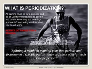WHAT IS PERIODIZATION? 
All training must be for a purpose and 
be on valid principles. It is no good if 
you do not know why you do things 
and are left wondering whether what 
you do will work. 
ALWAYS DO THINGS FOR A 
REASON. 
“Splitting a triathlon training year into periods and 
focusing on a specific performance or fitness goal for each 
specific period” 
© max icardi WWW.FUNCTIONALTRAINING.NET 
 