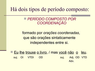 Há dois tipos de período composto:
 PERÍODO COMPOSTO POR
COORDENAÇÃO
formado por orações coordenadas,
que são orações sintaticamente
independentes entre si.
 Eu lhe trouxe o livro, / mas você não o leu.
suj. OI VTDI OD suj. Adj. OD VTD
Adv.
 